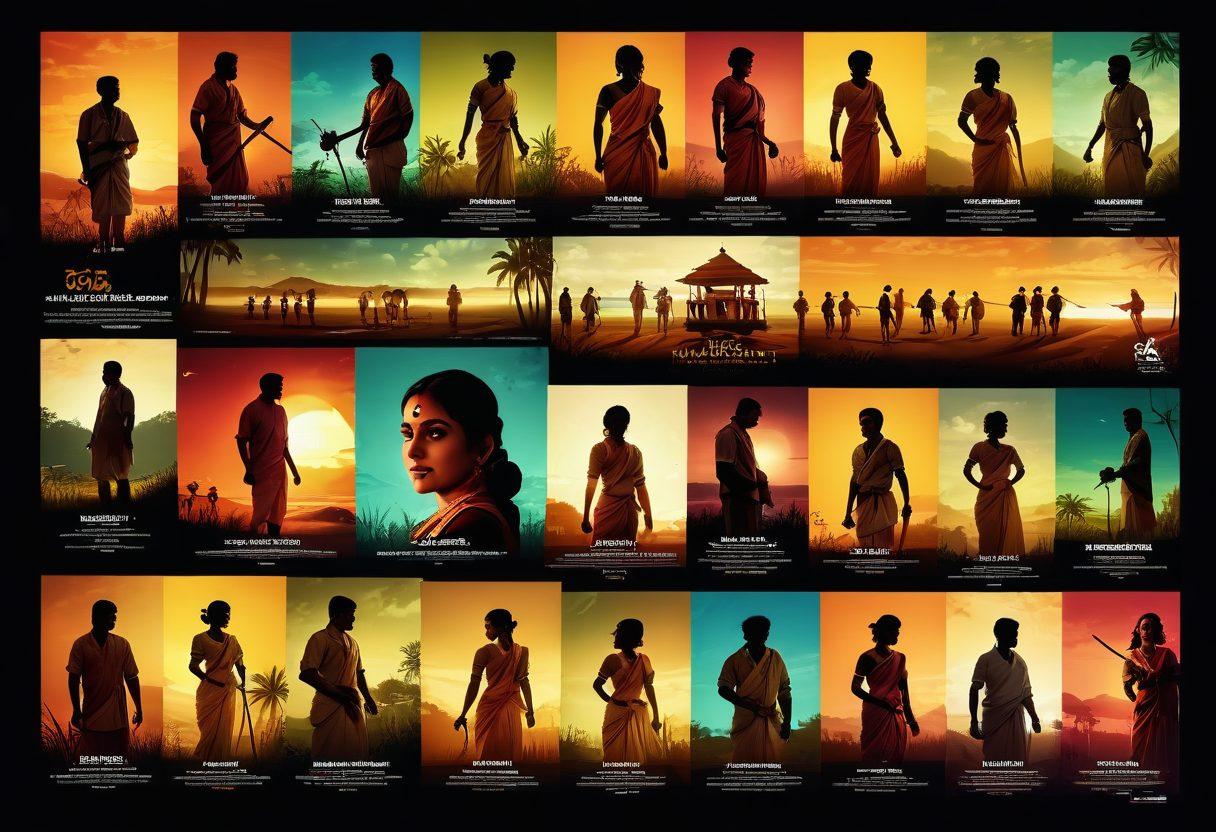 A cinematic landscape of Kerala with a traditional film reel unwinding, blending historical xxx film posters transitioning into modern digital screens showing adult clips. Silhouettes of iconic Malayalam actors and actresses posed dramatically. Semi-lit hues, blending traditional film aesthetics with a modern digital twist. vibrant colors. digital art.