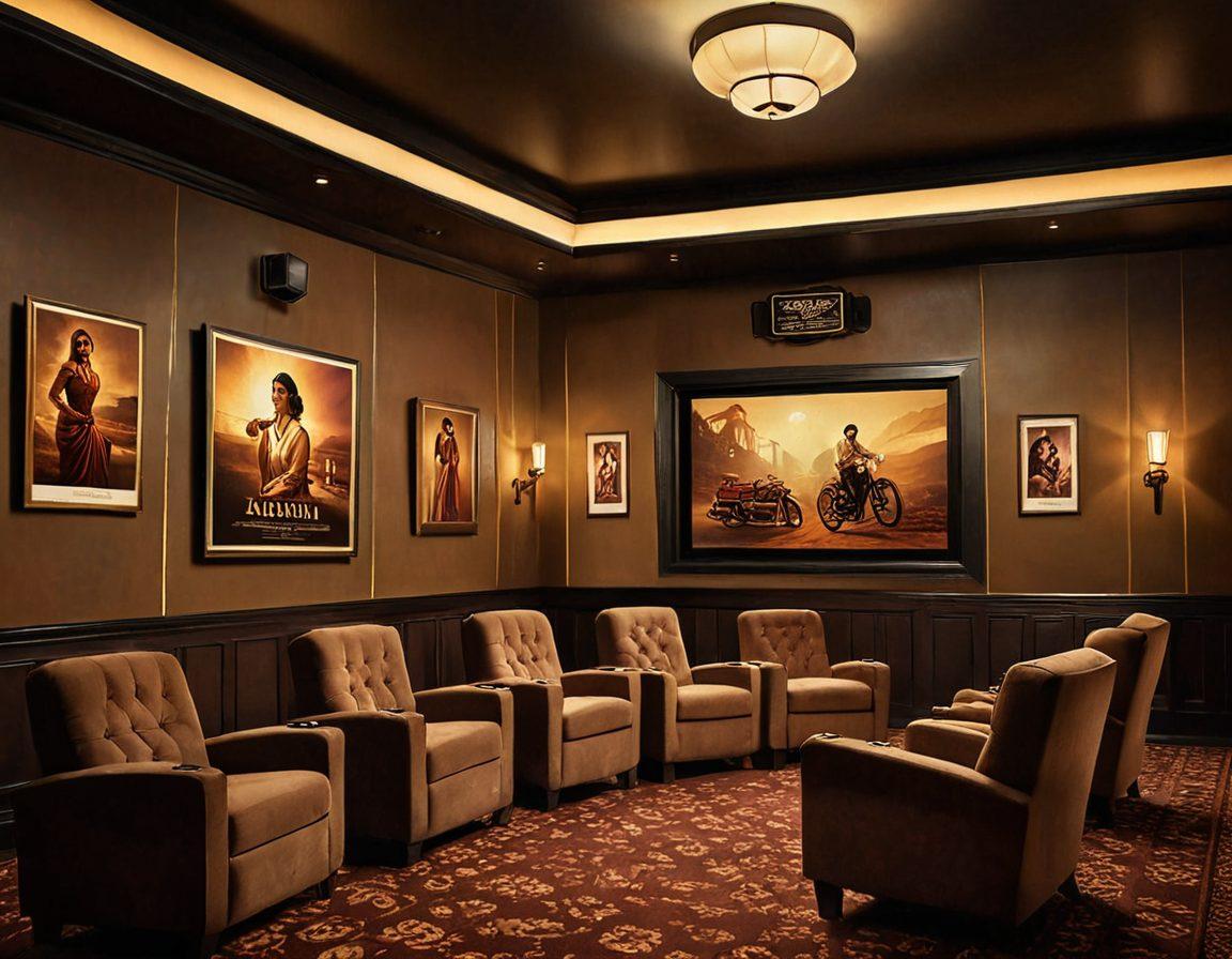 A richly textured, sensually ambient scene set in an intimate movie theater, featuring classic film reels, velvety chairs, and subtle mood lighting. A collage of iconic Malayalam film posters, featuring sultry actors and actresses, conveys the essence of adult cinema. An air of nostalgia and cultural depth permeates the atmosphere. cinematic painting. muted earth tones. soft focus. vintage aesthetic.
