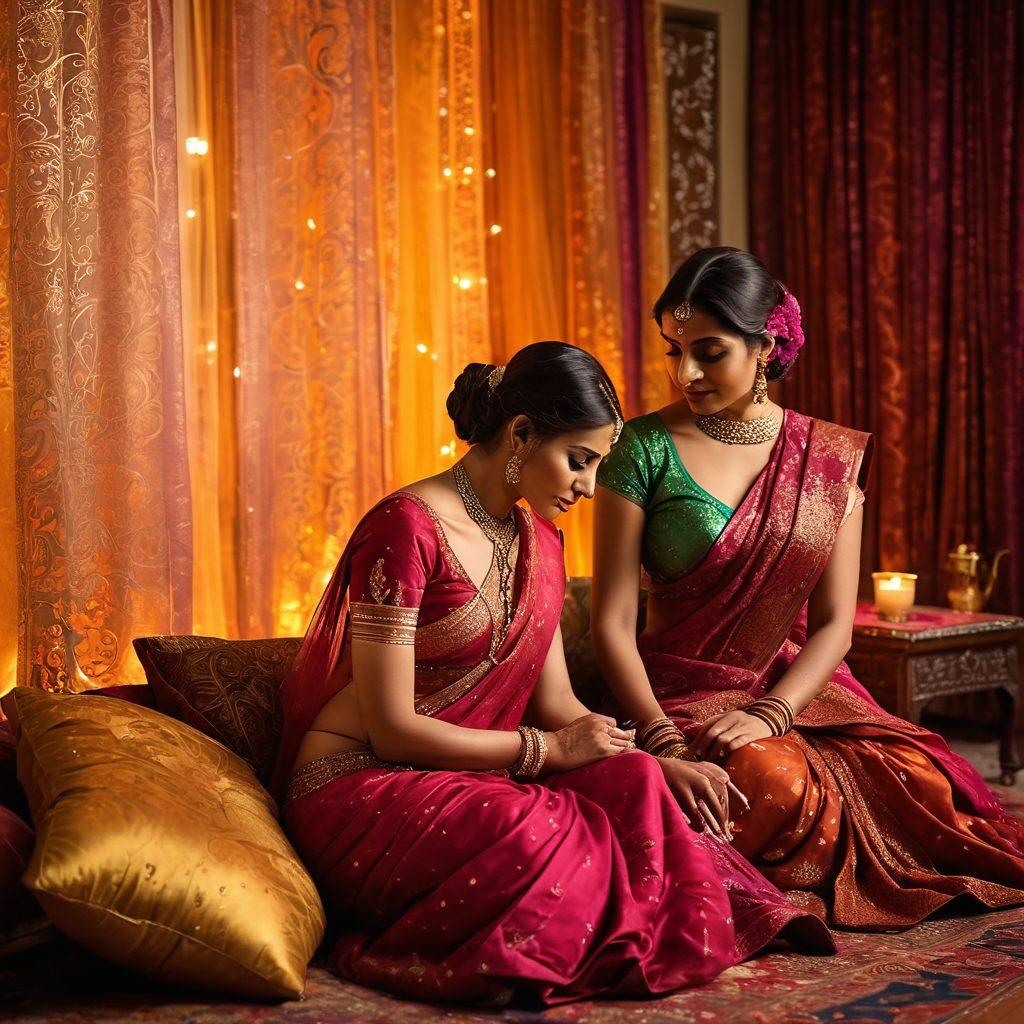 An intimate, steamy night scene with a sultry couple shrouded in soft, warm lighting, capturing the essence of desi erotica. Traditional Indian decor with vibrant saris, intricate henna designs, and luxurious pillows. Sensual ambiance with delicate curtains swaying and incense smoke curling in the air. painting. vibrant colors. rich textures.